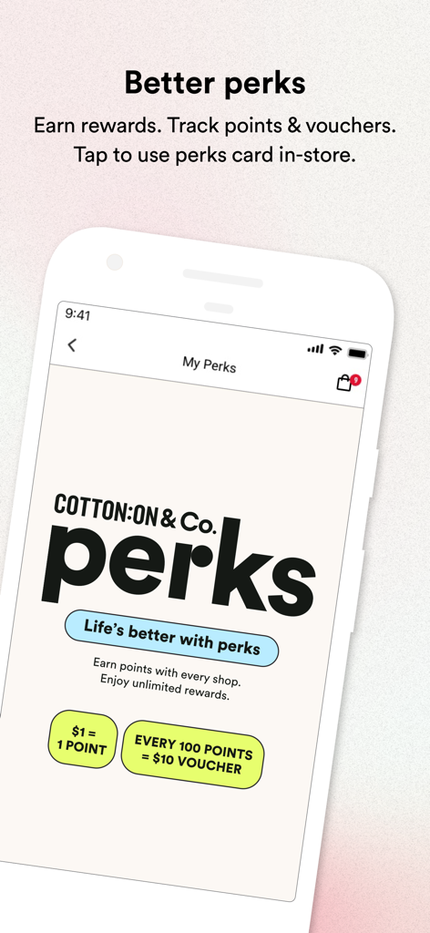 Cotton On - Cotton On mobile app screen showing the My Perks loyalty program details for earning points and vouchers