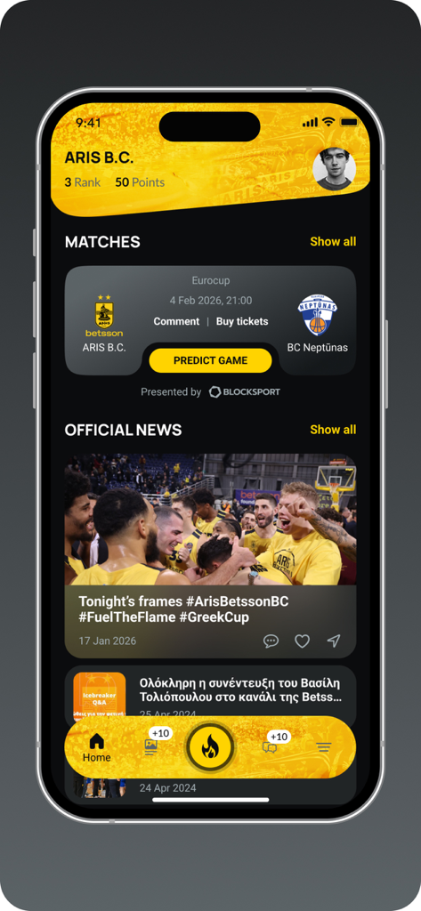 ARIS BC - ARIS BC basketball mobile app home screen showing upcoming matches and news feed