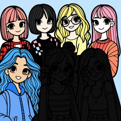 2 girls with long hair and 1 girl with short hair and glasses