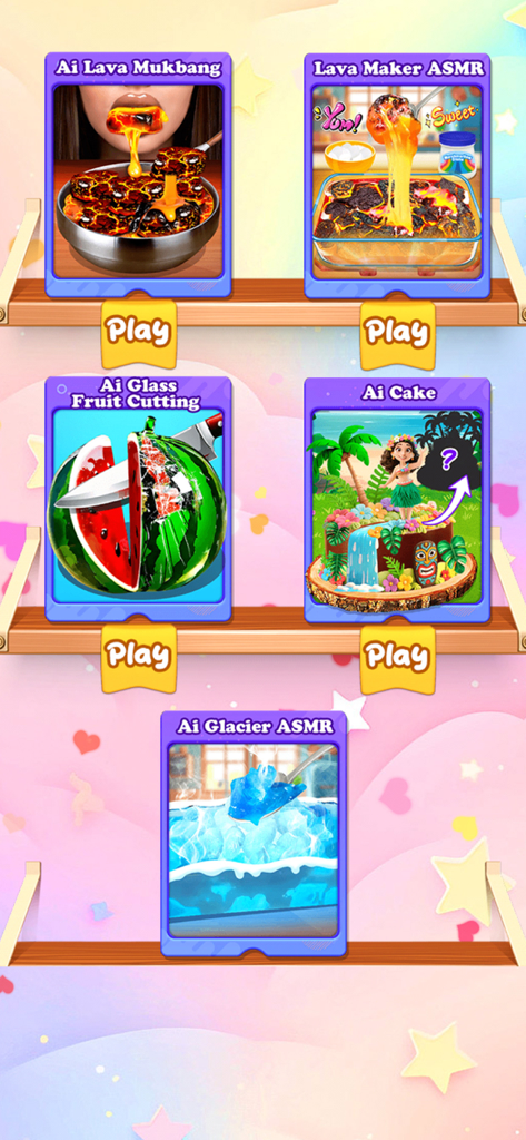 Satisfying AI ASMR - Ecrã do menu da aplicação Satisfying AI ASMR com opções de jogabilidade para IA Lava Mukbang, Corte de Frutas de Vidro e Bolo de IA.
