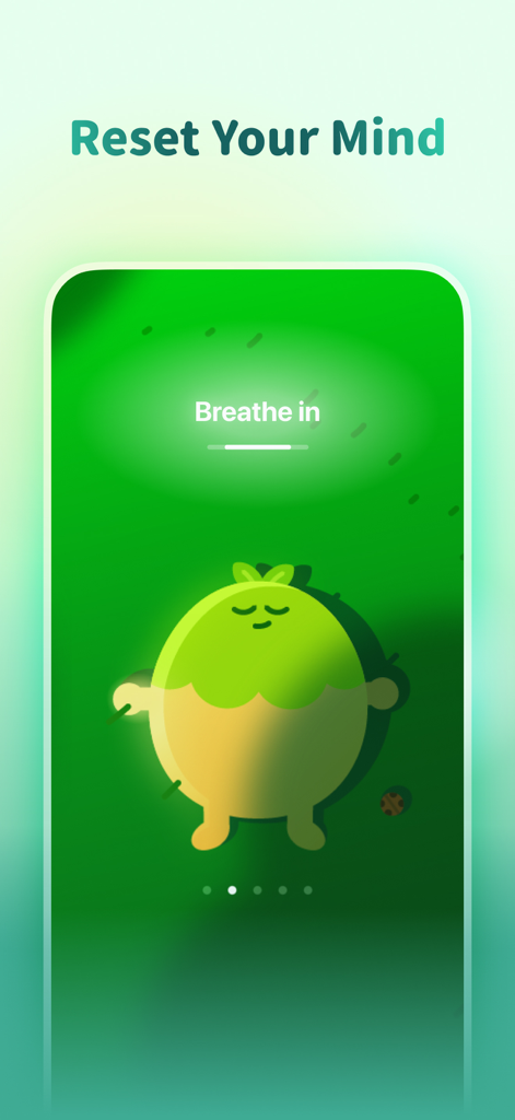 A peaceful breathing exercise screen in the Forest app with a cute character and the text Reset Your Mind