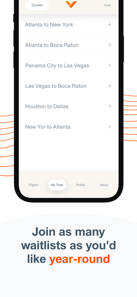 Fly Vaunt mobile app interface displaying a list of available flight routes and a waitlist registration feature