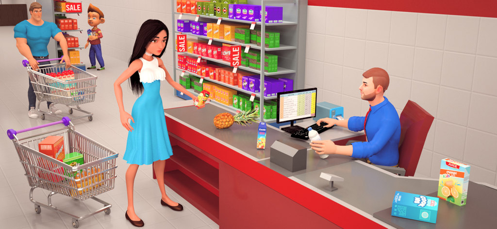 Supermarket Shopping Mall Game - 3Dシミュレーションゲームのスーパーマーケットレジカウンターで食料品をチェックアウトしている女性