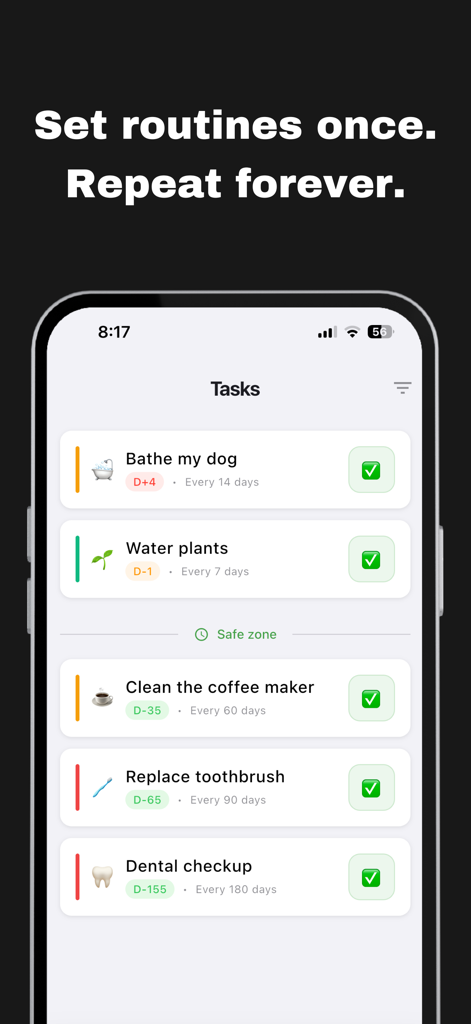 Recurro - Recurro app interface showing a list of scheduled recurring tasks for home and pet maintenance