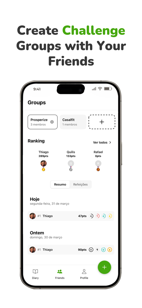 Kaloria: Calorie Counter - Kaloria app interface showing social challenge groups and rankings with friends