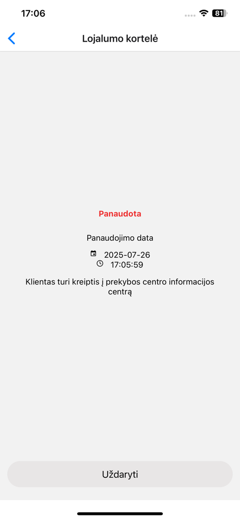 Geradovana Smart Partner - Loyalty card screen displaying a used status with date and time information