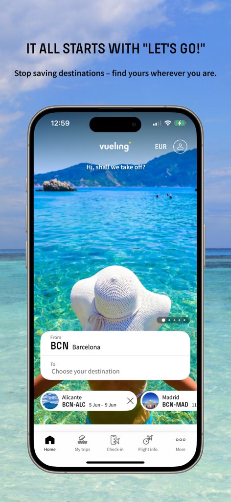 Vueling Airlines-Cheap Flights - Pantalla principal de la aplicación móvil Vueling Airlines con interfaz de reserva de vuelos y fondo escénico.