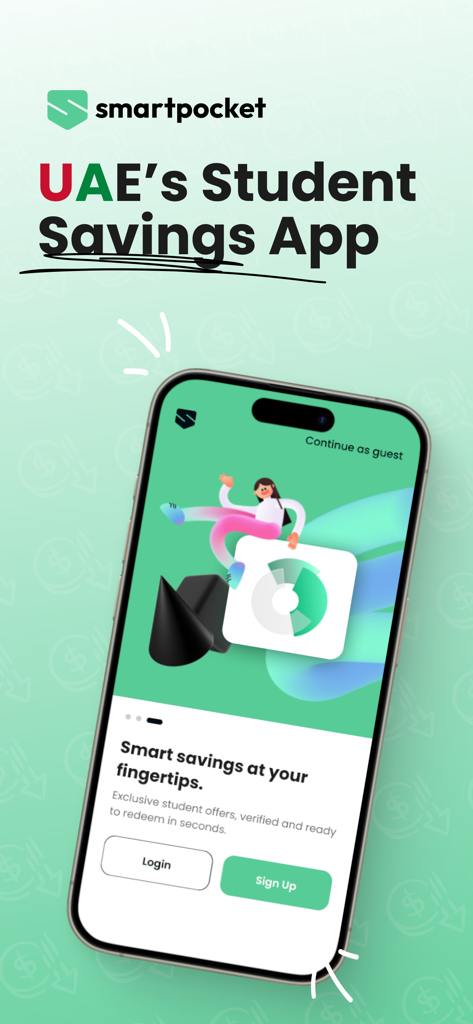 smartpocket.me - SmartPocket mobile app home screen showing UAE student savings with login and sign up options