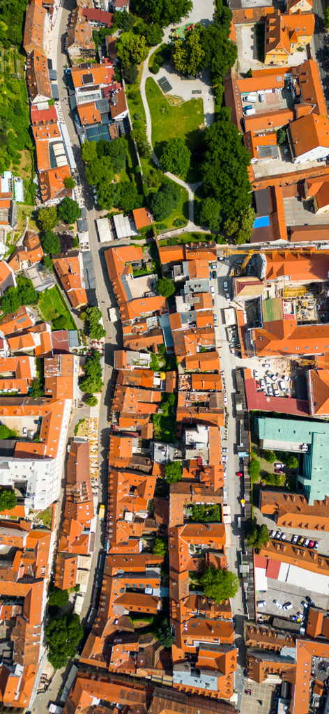 Lite Maps: 3D & Street View - High resolution satellite view of a city with orange roofs and trees