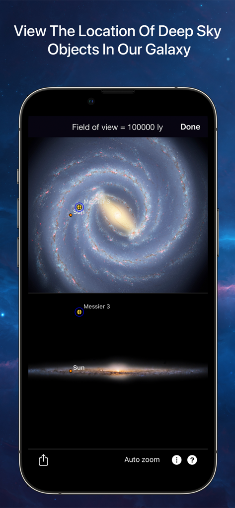 SkySafari 7 Plus - 3D visualization of the Milky Way galaxy showing the positions of the Sun and Messier 3 in SkySafari 7 Plus