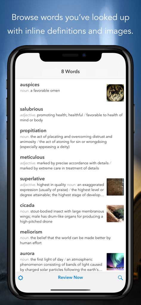 Word Vault: Vocabulary Builder - A mobile interface of Word Vault showing a list of vocabulary words like auspices and salubrious with inline definitions and small illustrative images.