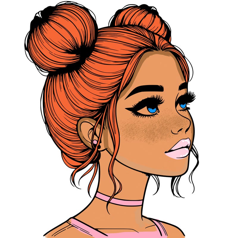 realistic girl with buns on the top of her head