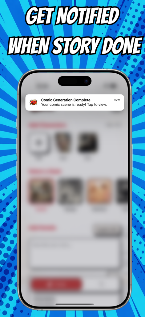 VEX: Comic Maker Manga, Manhwa - A smartphone screen showing an app notification that says Comic Generation Complete Your comic scene is ready