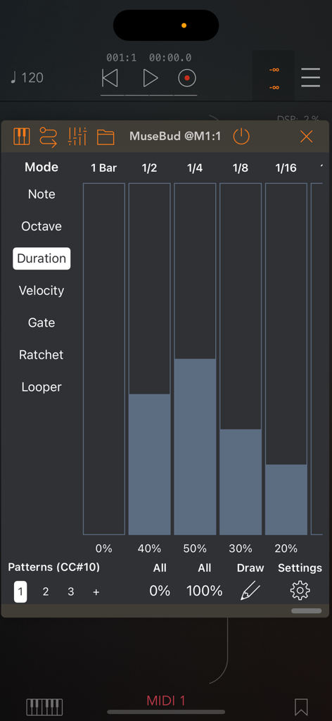 MuseBud - AUv3 MIDI Generator - MuseBud AUv3 MIDI generator duration mode showing probability faders for note lengths