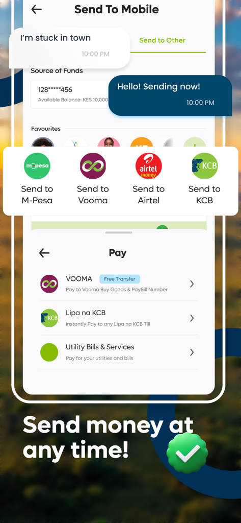 Interfaz de la nueva aplicación KCB Móvil mostrando opciones de transferencia de dinero a M-Pesa, Vooma y Airtel.