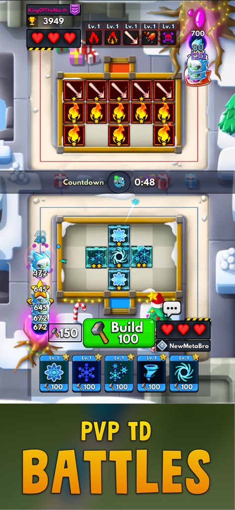 Merge Clash: Tower Defense - Real time PvP tower defense battle in Merge Clash showing competitive gameplay on a winter themed map