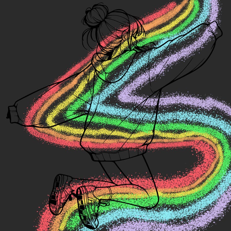 realistic girl jumping with a bun and oversized sweatshirt