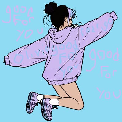 realistic girl jumping with a bun and oversized sweatshirt
