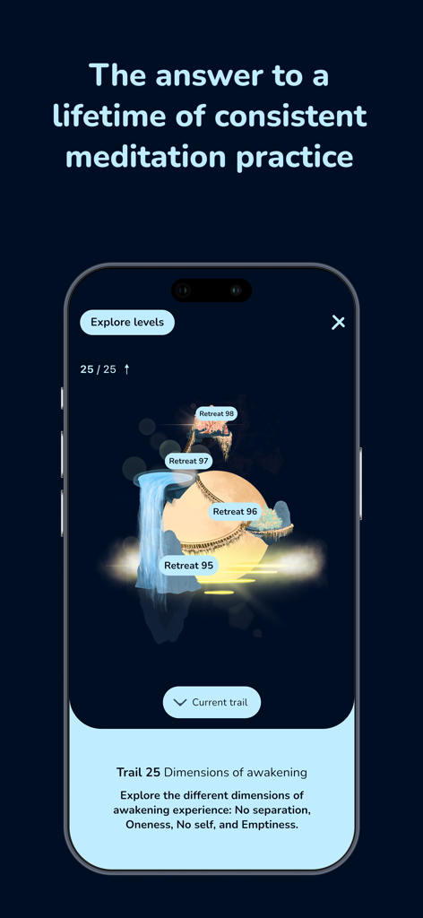 A screenshot of The Way app displaying a linear meditation journey called Trail 25 Dimensions of Awakening