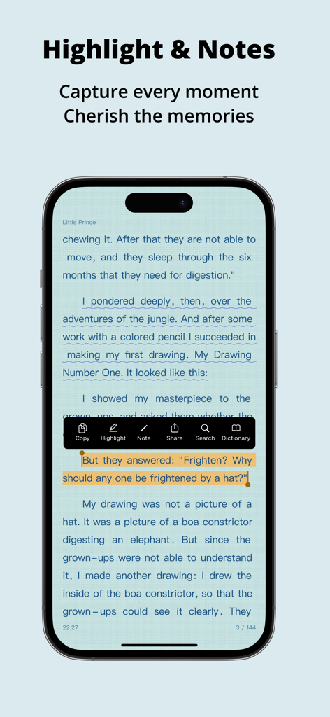 Readingo app interface showing text highlight and notes menu on iPhone