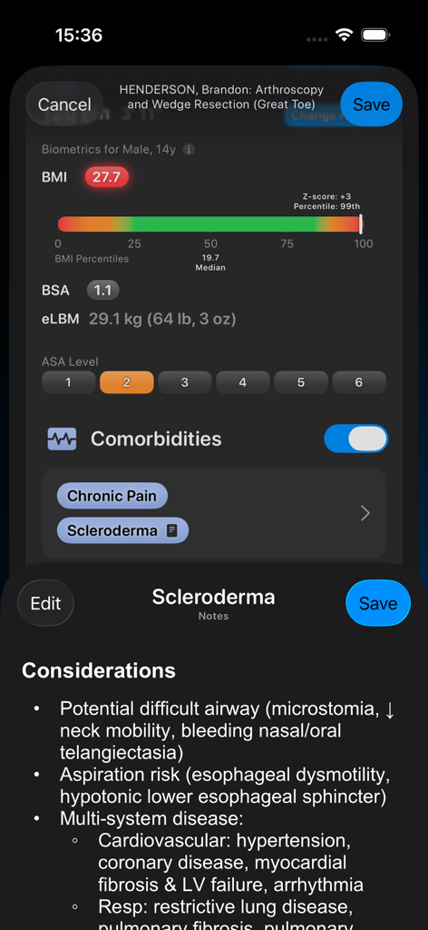 Somnus - Somnus mobile app interface displaying patient biometrics, ASA level, and clinical considerations for scleroderma.