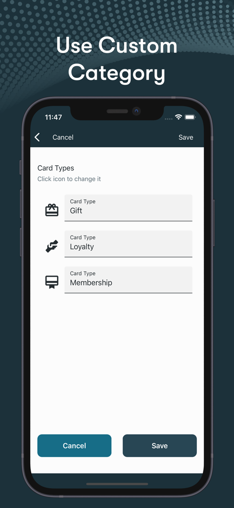 Interface of the Card Manager app showing custom categories for gift loyalty and membership cards