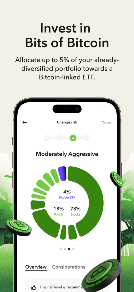 Acorns app screen showing a diversified portfolio with a Bitcoin ETF allocation