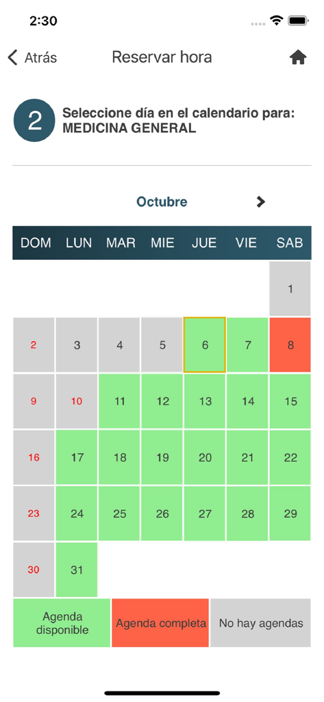 CAMCEL - Interface em espanhol da app CAMCEL para agendamento de consultas de medicina geral.