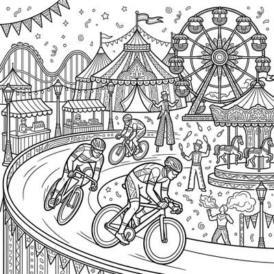 Witness the thrilling spectacle of track cyclists racing amidst a vibrant carnival. This dynamic coloring page captures the high-energy excitement of both a cycling event and a festive fairground.