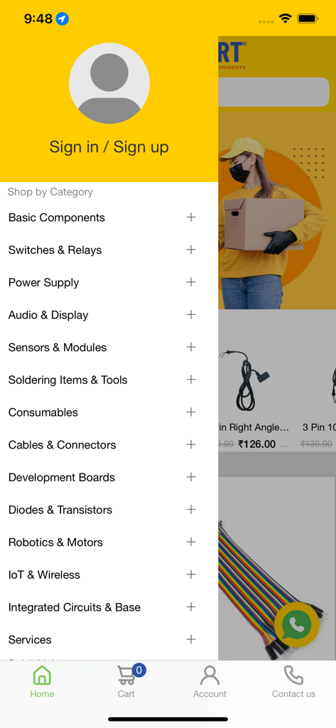 HnHCart mobile app interface showing a sidebar with electronic component shopping categories like power supply, sensors, and development boards.