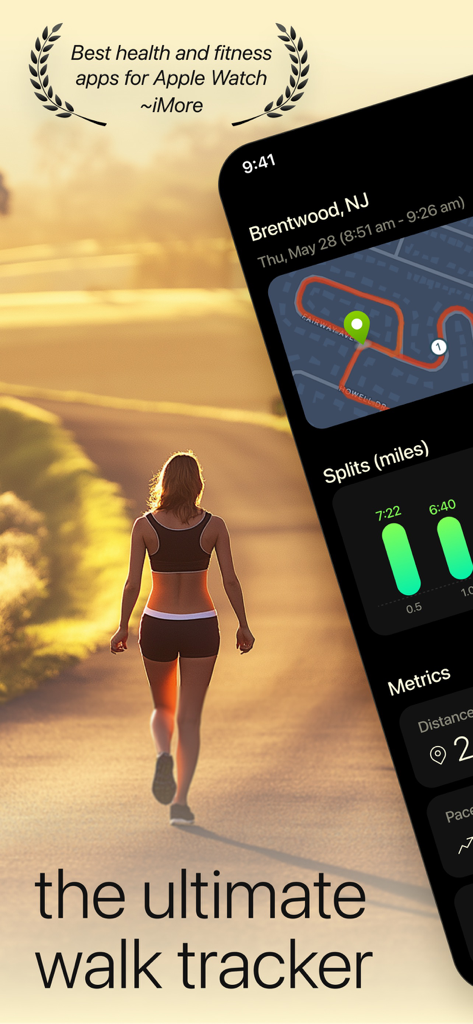 Walking Distance Tracker - Captura de pantalla de la aplicación Vima Walking Distance Tracker mostrando un mapa de ruta y métricas de ritmo