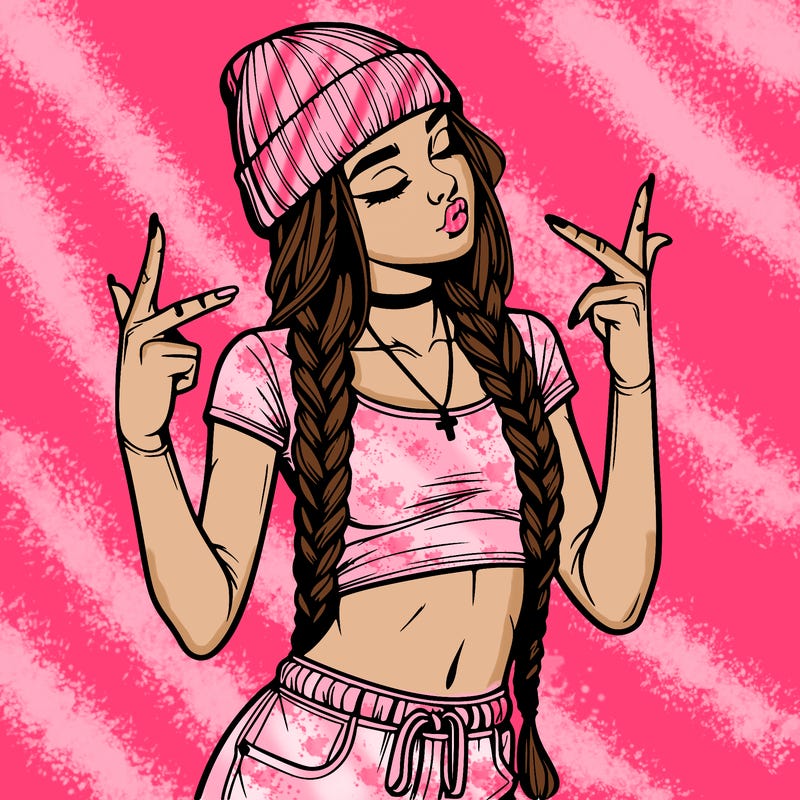 realistic teenage girl with braids and a beanie and crop top doing 🫶🏼