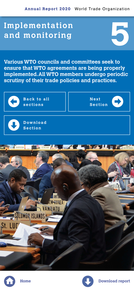 Screen from the WTO Annual Report app showing a section on implementation and monitoring with a photo of international delegates at a conference table.