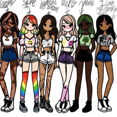 a group of girls wearing crop tops and shorts