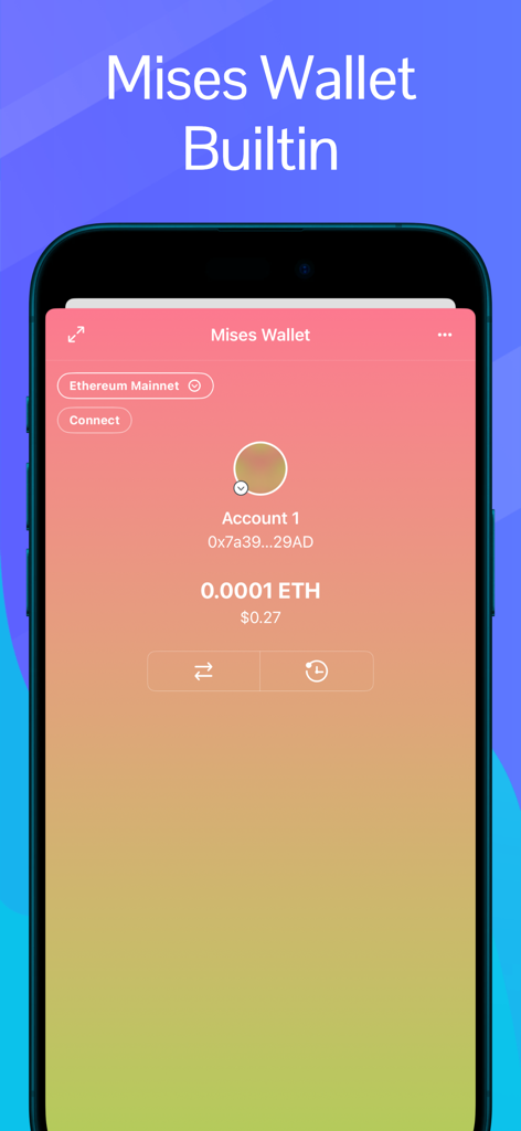 Mises Browser - Captura de tela do Navegador Mises mostrando a interface de sua carteira Web3 integrada com saldo de Ethereum