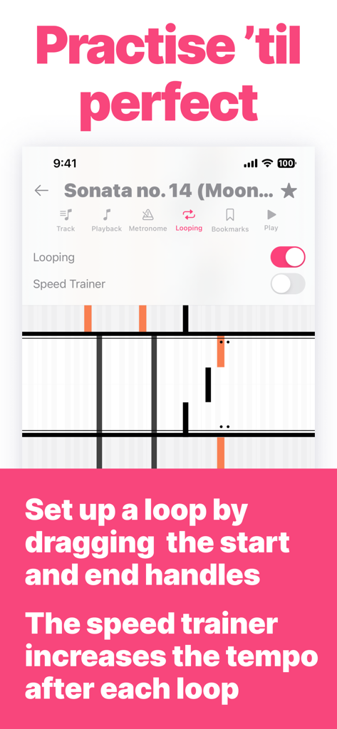Piano Tabs: Learn & Practice - Interfaz de la aplicación Pestañas de Piano mostrando funciones de repetición y entrenador de velocidad para la práctica de piano
