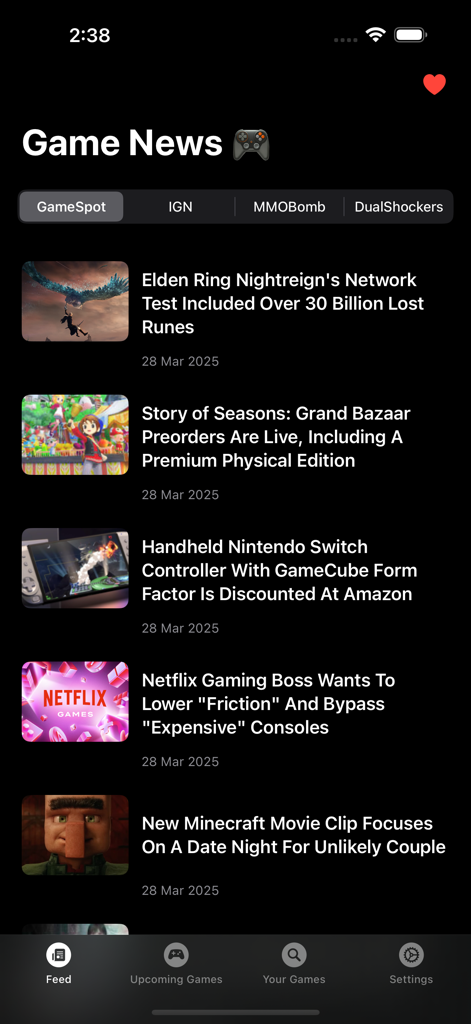 XP Game News - XP Game News app interface showing a list of latest gaming news articles from top sources like GameSpot in dark mode.