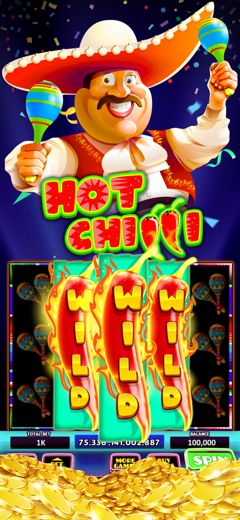 Una pantalla de máquina tragaperras con temática mexicana llamada Hot Chili con tres símbolos wild y un personaje de dibujos animados con un sombrero.