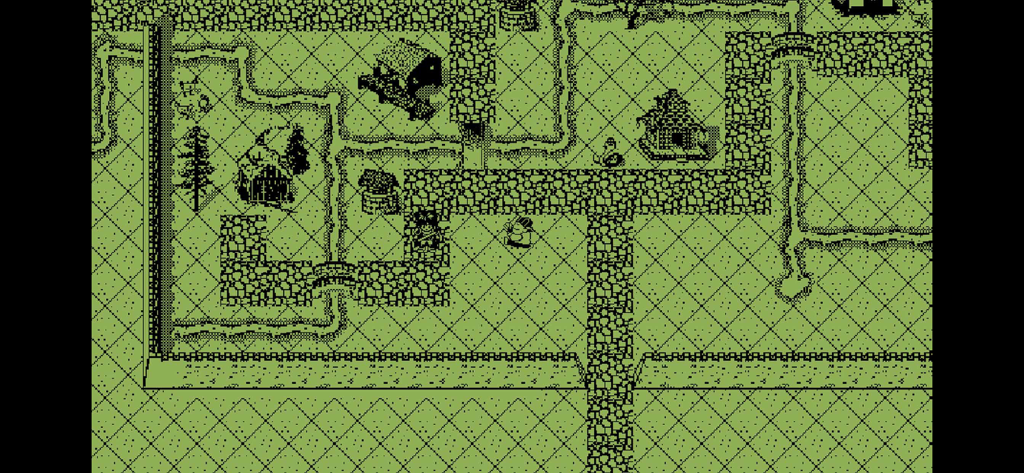 英雄群侠传 - Vista dall'alto di una mappa del mondo RPG pixel art retrò verde monocromatica