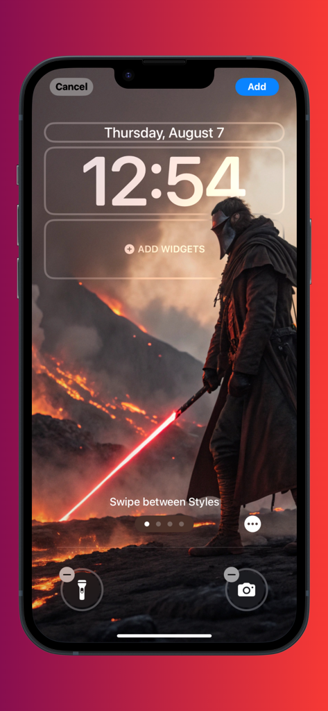 Una vista previa de la pantalla de bloqueo del iPhone con un fondo de pantalla de anime de alta resolución de un guerrero oscuro con una espada roja brillante