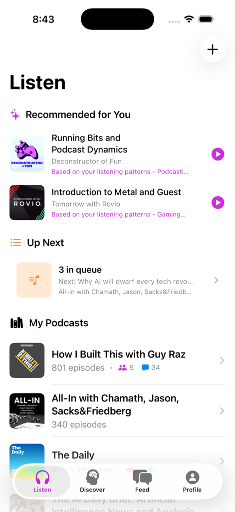 Deepr: Voice Podcasts - Deepr app Listen screen showing recommended episodes and my podcasts list.