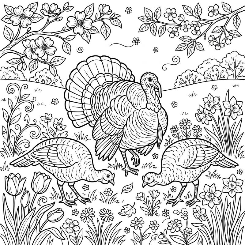 Welcome the joys of spring with this enchanting coloring page featuring a family of domestic turkeys exploring a vibrant meadow. Bursting with blooming flowers and fresh foliage, it's a perfect scene to bring to life with your favorite colors.