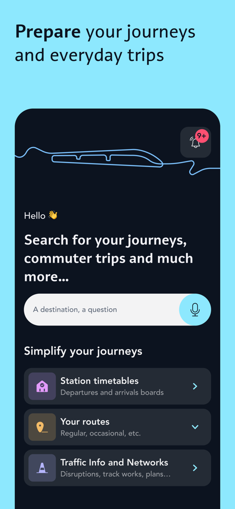 列車の旅の計画や交通情報を確認するためのSNCF Connectモバイルアプリのインターフェース