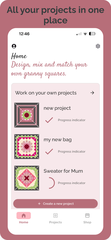 Home screen of the Granny Square Designer app showing a list of crochet projects with progress indicators.