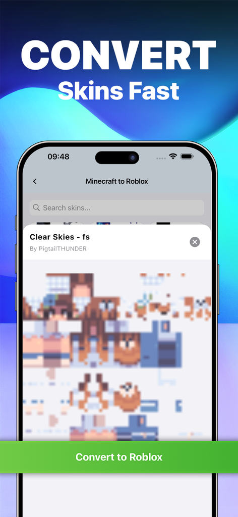 A mobile app screen showing the process of converting a Minecraft skin to a Roblox avatar skin using the BlockHub app