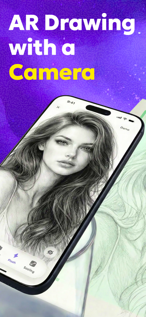 iPhone displaying a realistic woman sketch for AR camera drawing and tracing