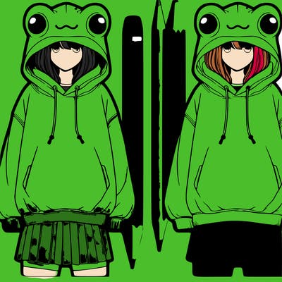 realistic girl in a oversized frog hoodie