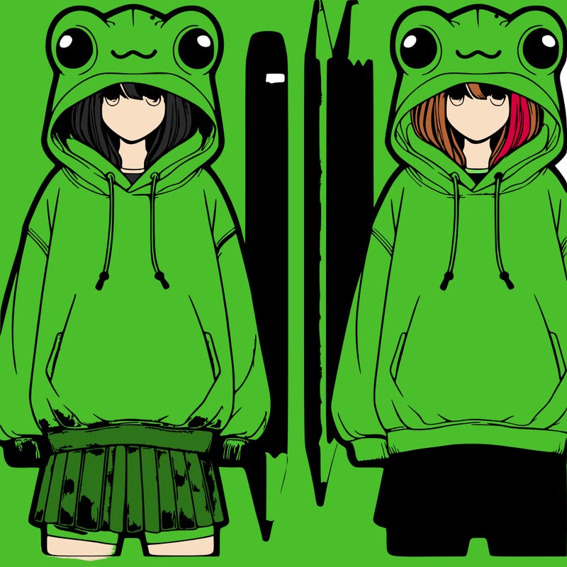 realistic girl in a oversized frog hoodie