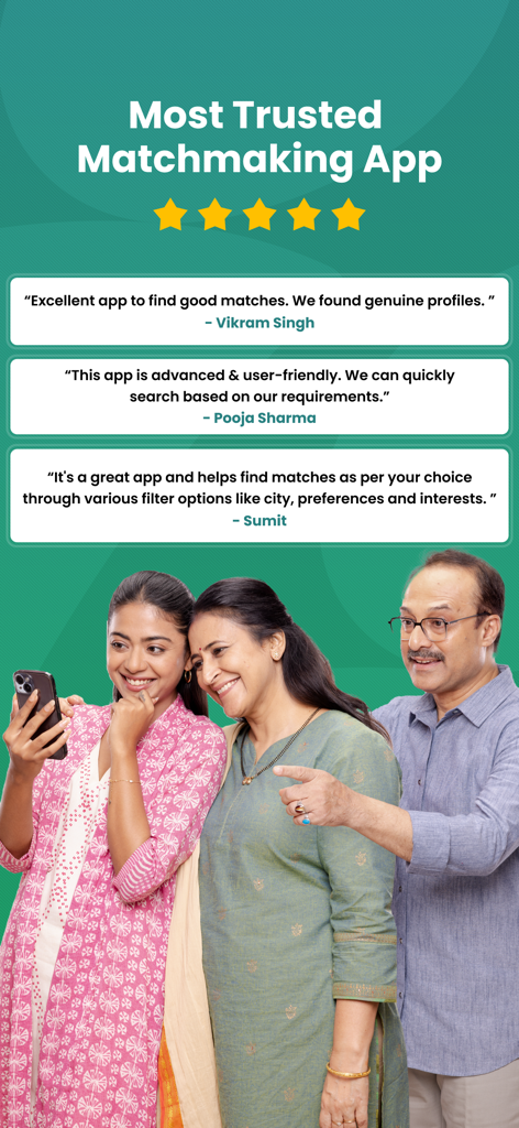 Bharat Matrimony app user reviews featuring a happy Indian family viewing profiles on a smartphone.