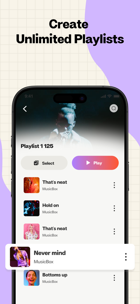 MusicBox - MP3 Player&Offline - Um display de smartphone mostrando a interface do aplicativo MusicBox com uma lista de músicas em uma playlist e o título Crie Playlists Ilimitadas.